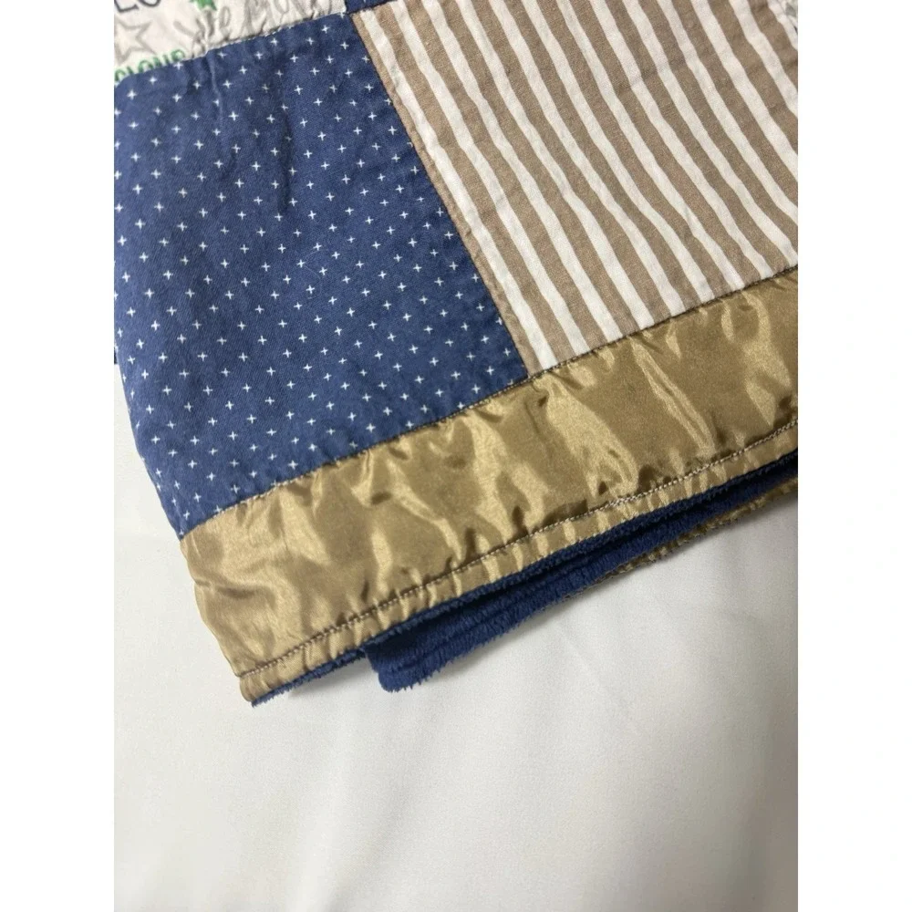 Handmade‎ Baby Boy Blanket Quilt 51 x 51 Khaki Satin Trim Navy Minky Dot Back